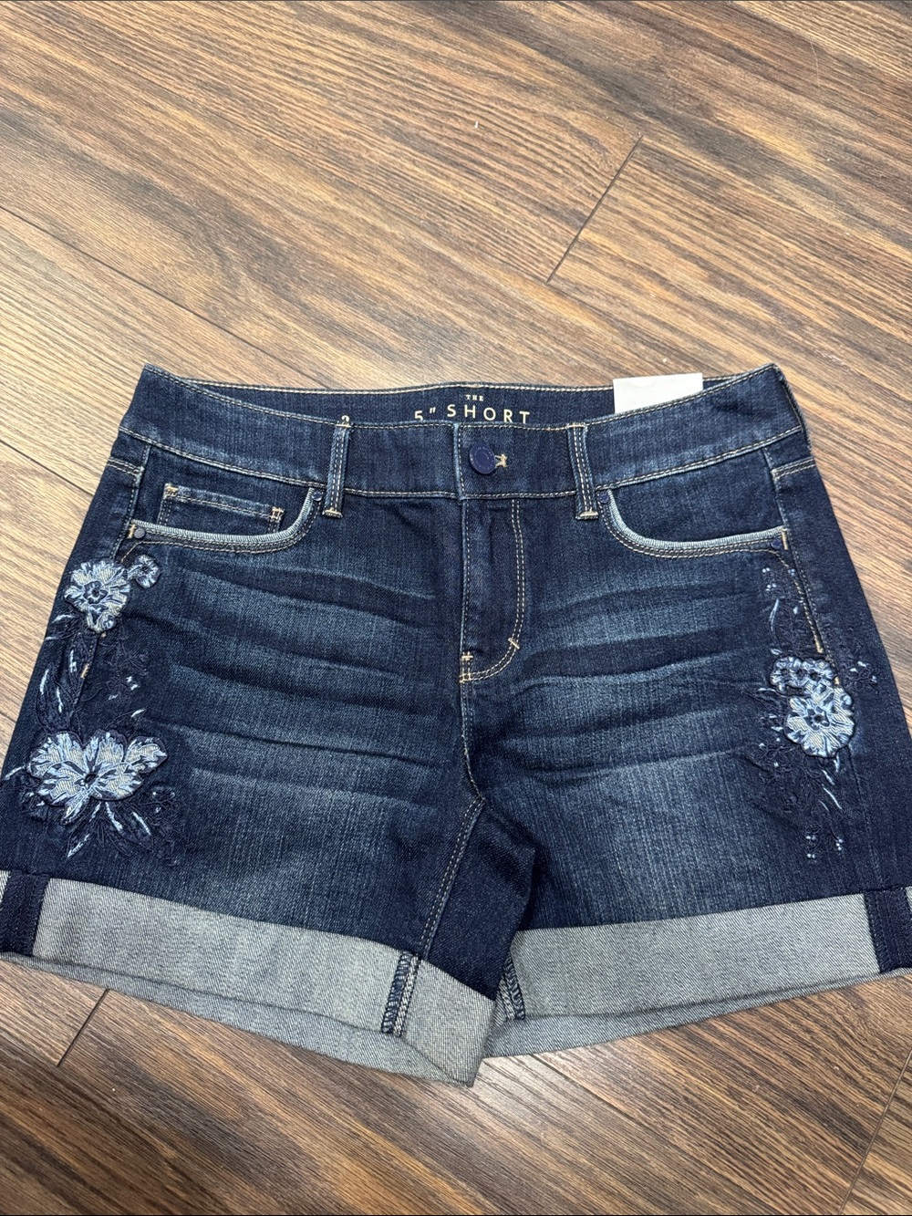 Embroidered Dark Blue Denim Jean Shorts
